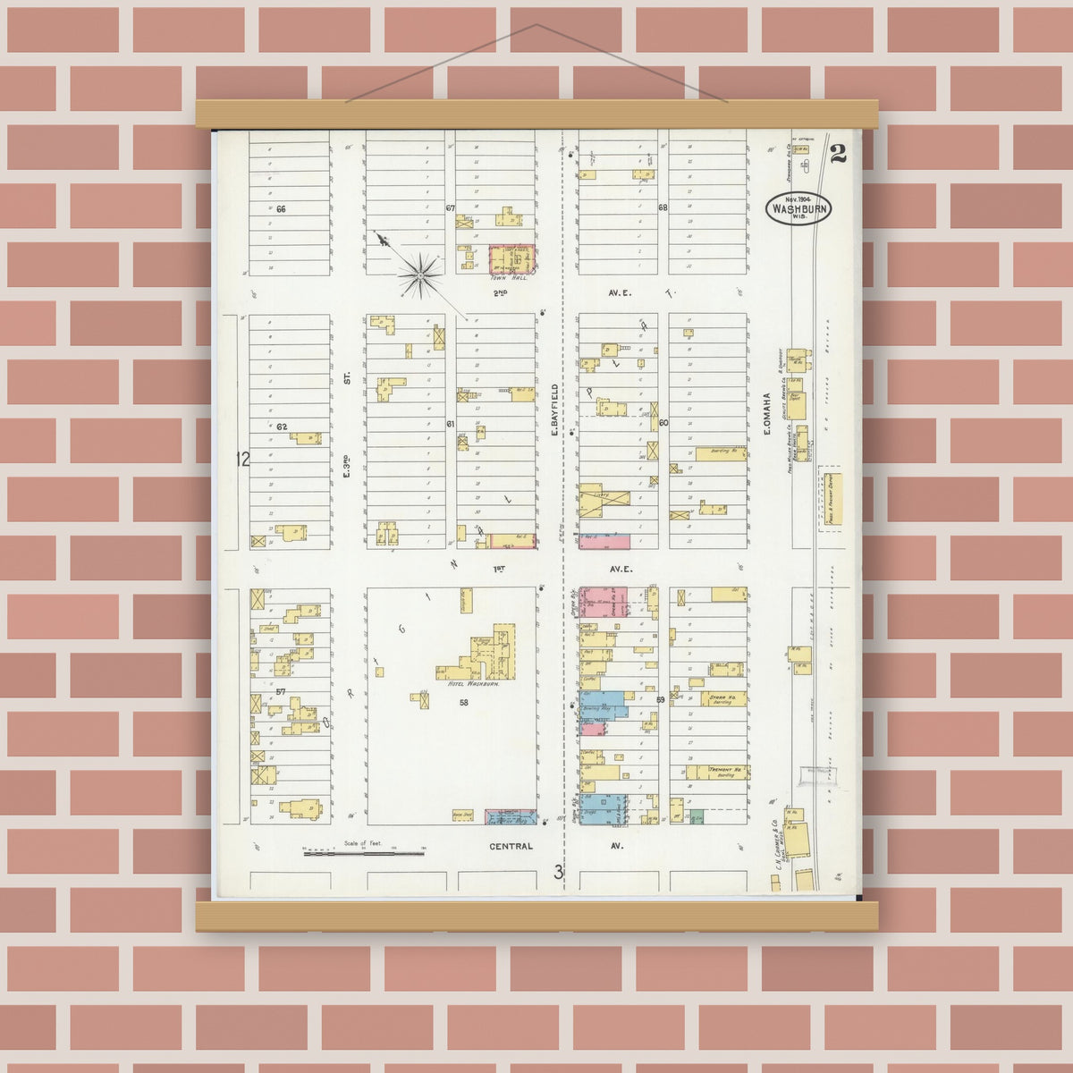 Old map wall art mockup — magnetic wood frame on brick wall — Sanborn Fire Insurance Map from Washburn, Bayfield County, Wisconsin (1904), Sheet #0002
