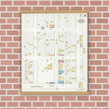 Old map wall art mockup — magnetic wood frame on brick wall — Sanborn Fire Insurance Map from Washburn, Bayfield County, Wisconsin (1904), Sheet #0002