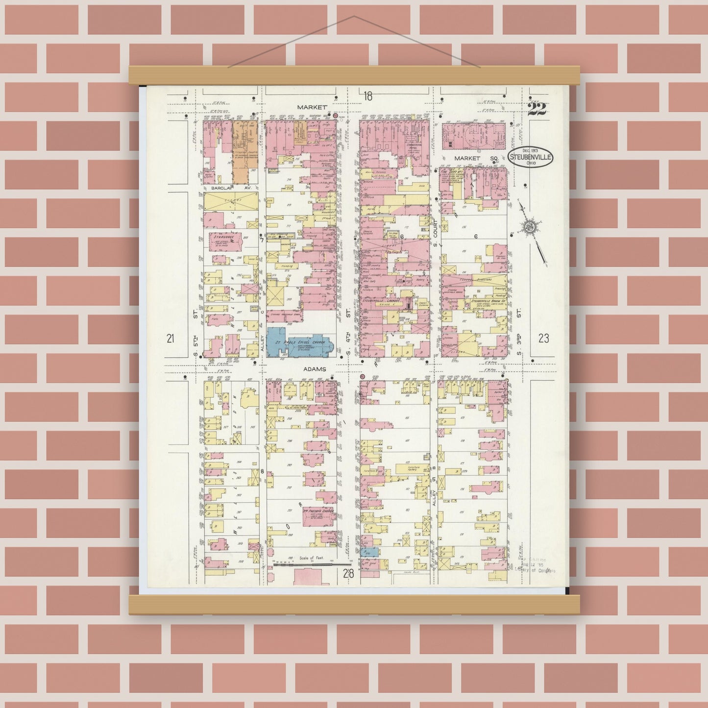Old map wall art mockup — magnetic wood frame on brick wall — Sanborn Fire Insurance Map from Steubenville, Jefferson County, Ohio (1913), Sheet #0022