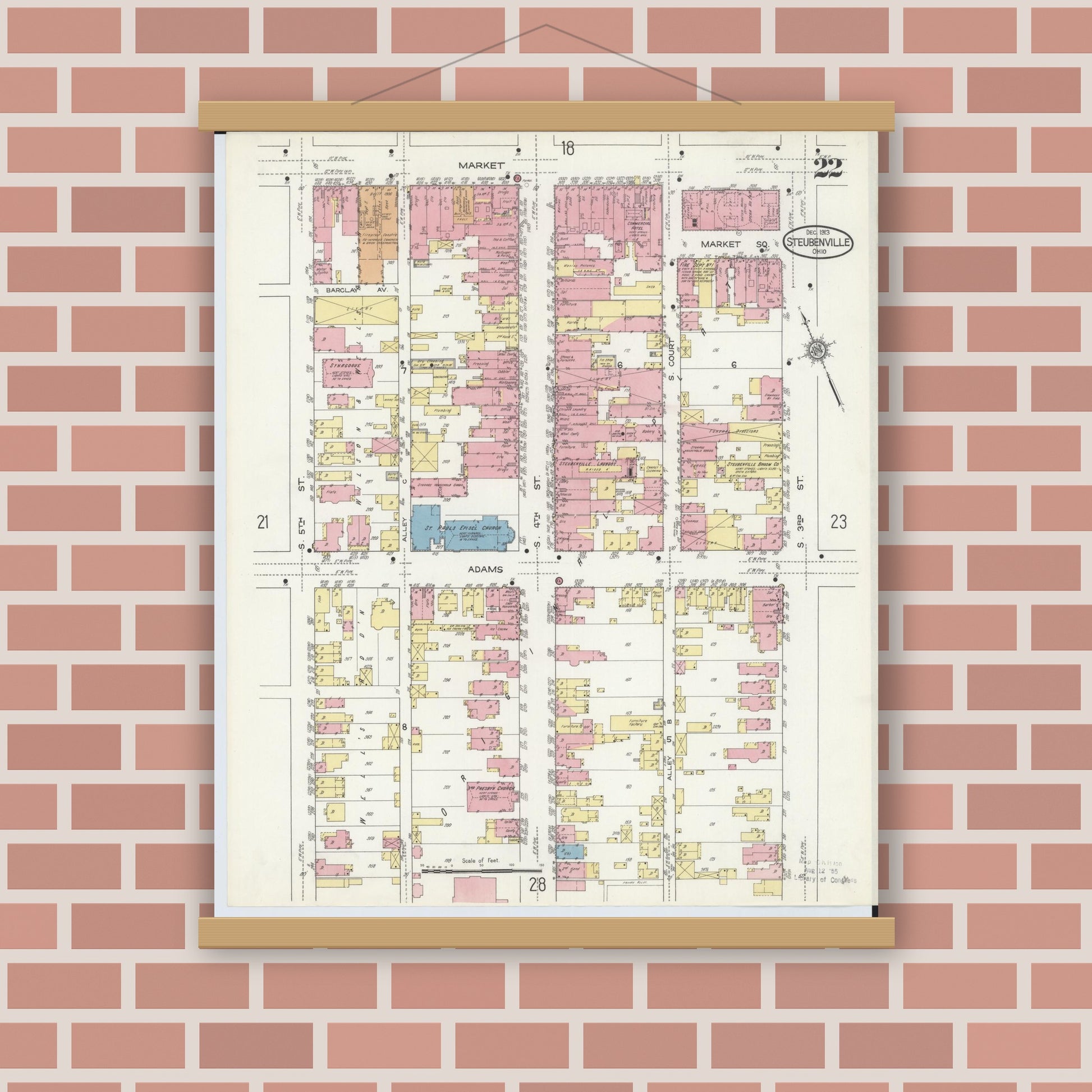 Old map wall art mockup — magnetic wood frame on brick wall — Sanborn Fire Insurance Map from Steubenville, Jefferson County, Ohio (1913), Sheet #0022