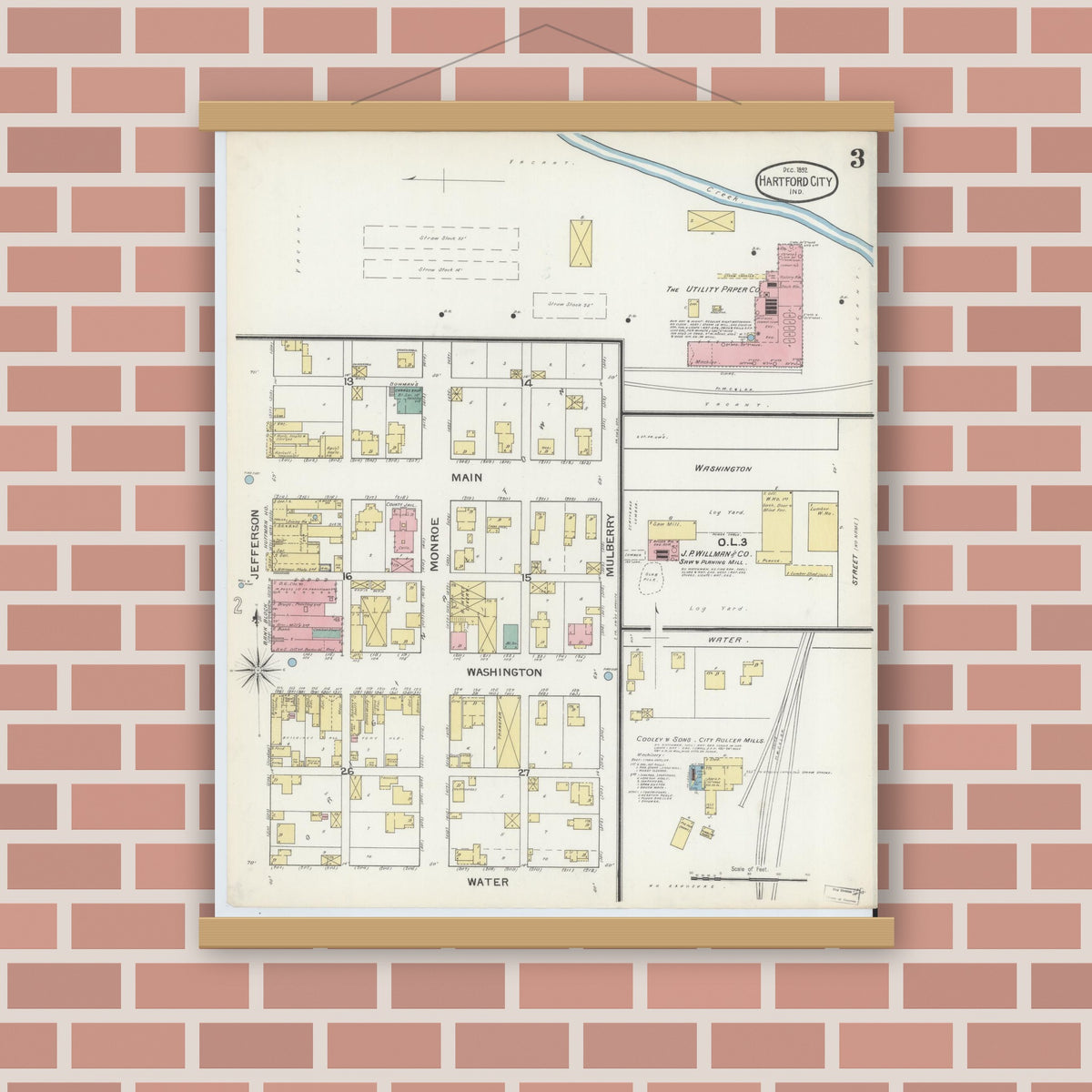 Old map wall art mockup — magnetic wood frame on brick wall — Sanborn Fire Insurance Map from Hartford City, Blackford County, Indiana (1892), Sheet #0003