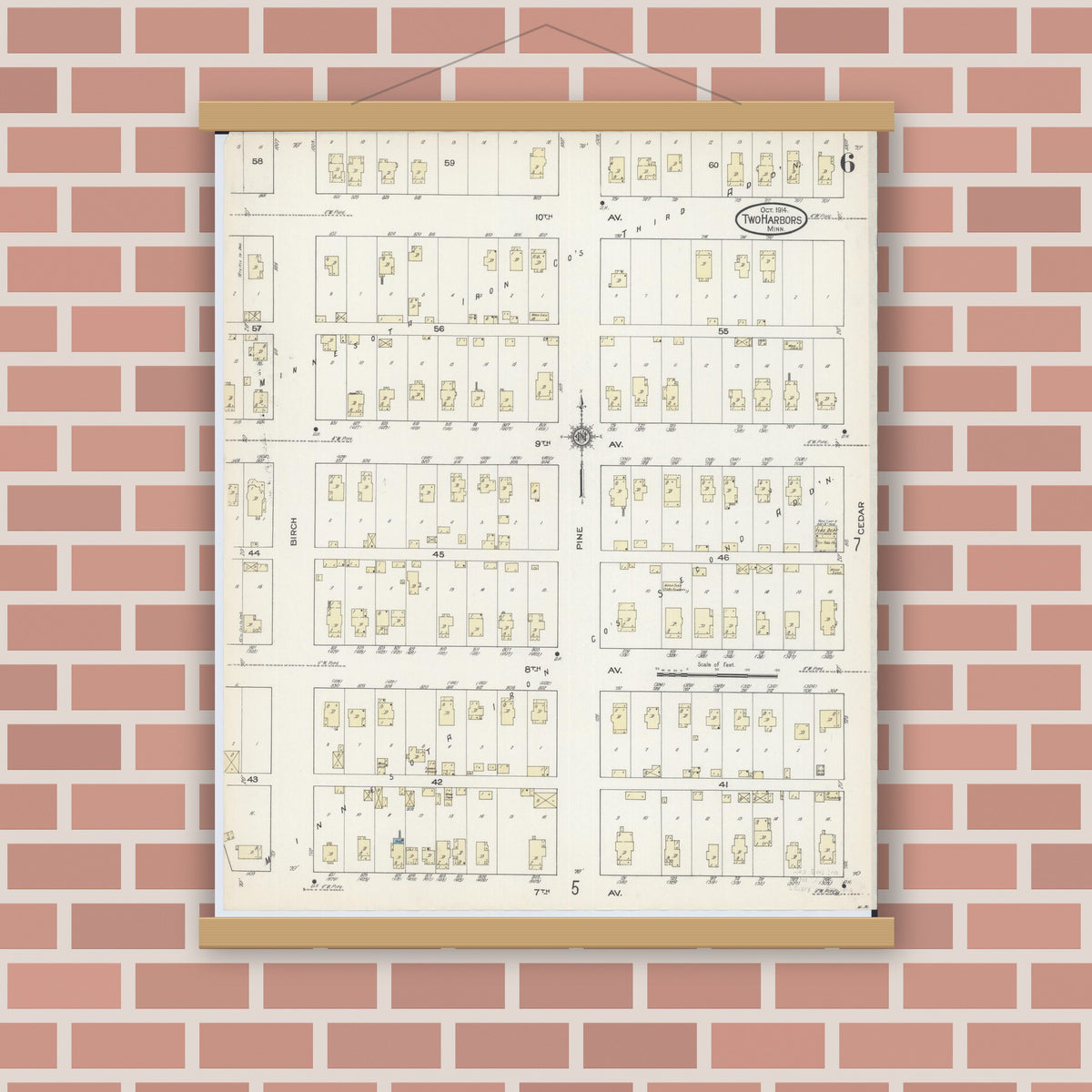 Old map wall art mockup — magnetic wood frame on brick wall — Sanborn Fire Insurance Map from Two Harbors, Lake County, Minnesota (1914), Sheet #0006