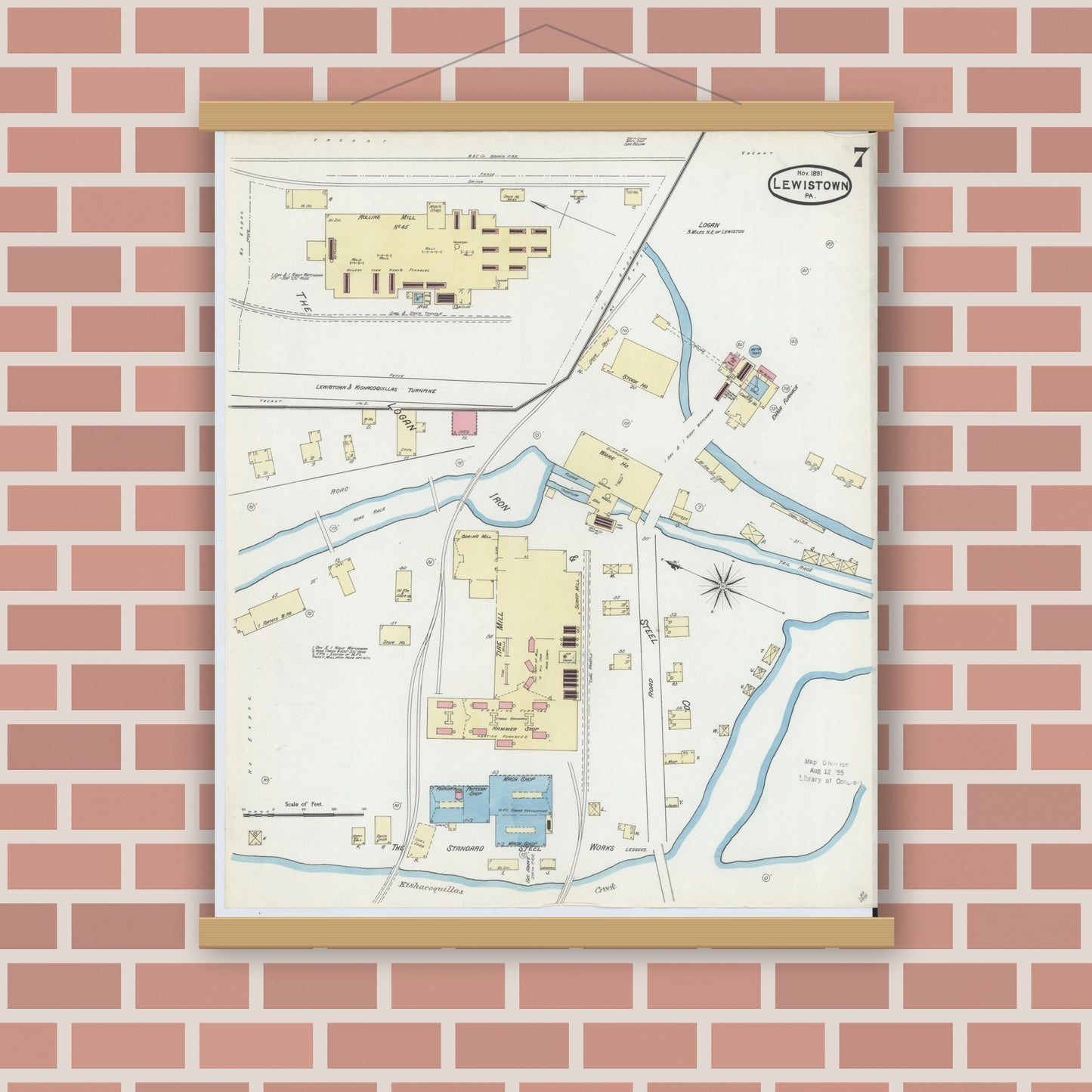 Old map wall art mockup — magnetic wood frame on brick wall — Sanborn Fire Insurance Map from Lewistown, Mifflin County, Pennsylvania (1891), Sheet #0007