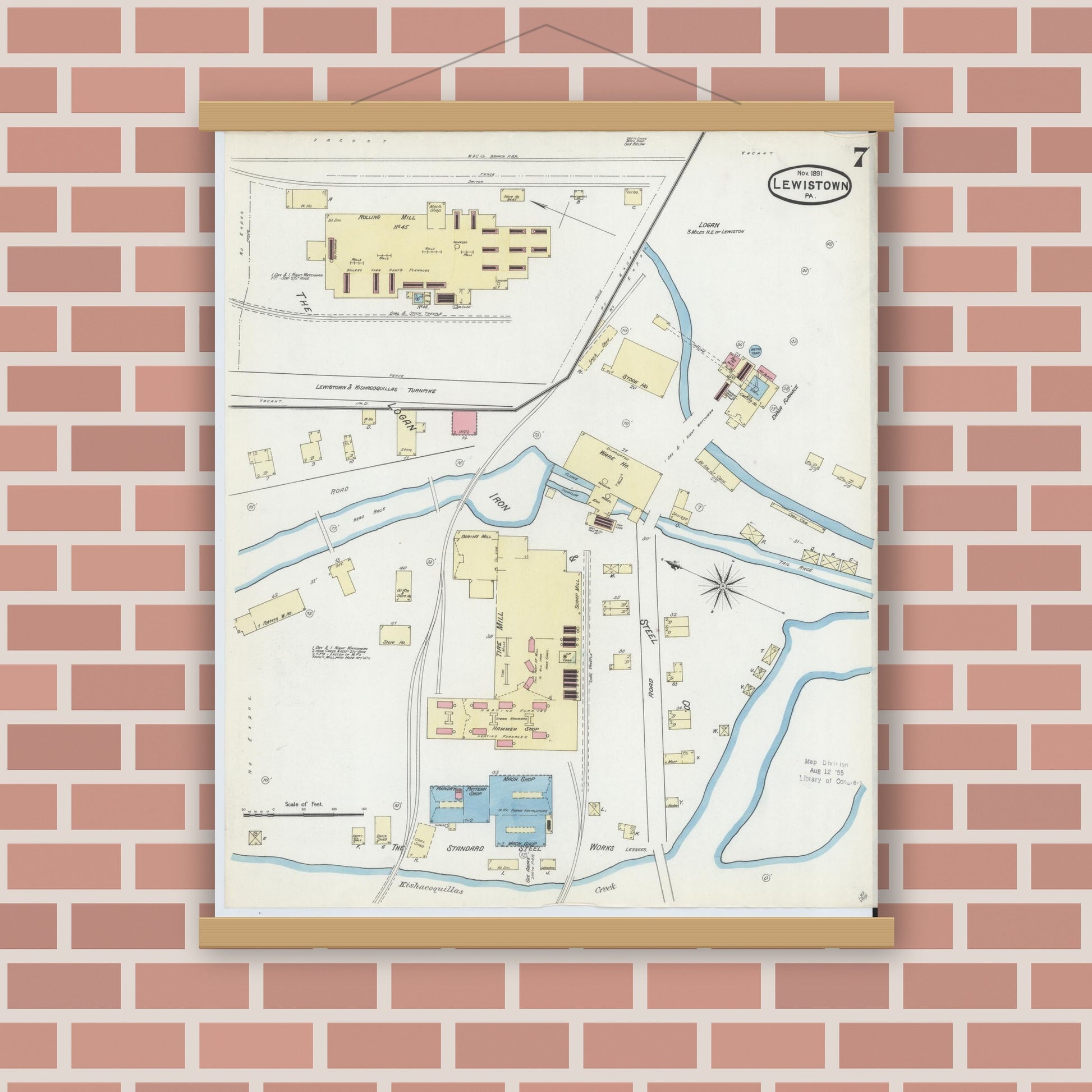 Old map wall art mockup — magnetic wood frame on brick wall — Sanborn Fire Insurance Map from Lewistown, Mifflin County, Pennsylvania (1891), Sheet #0007