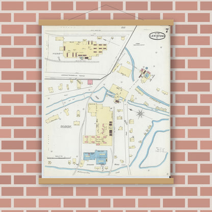 Old map wall art mockup — magnetic wood frame on brick wall — Sanborn Fire Insurance Map from Lewistown, Mifflin County, Pennsylvania (1891), Sheet #0007