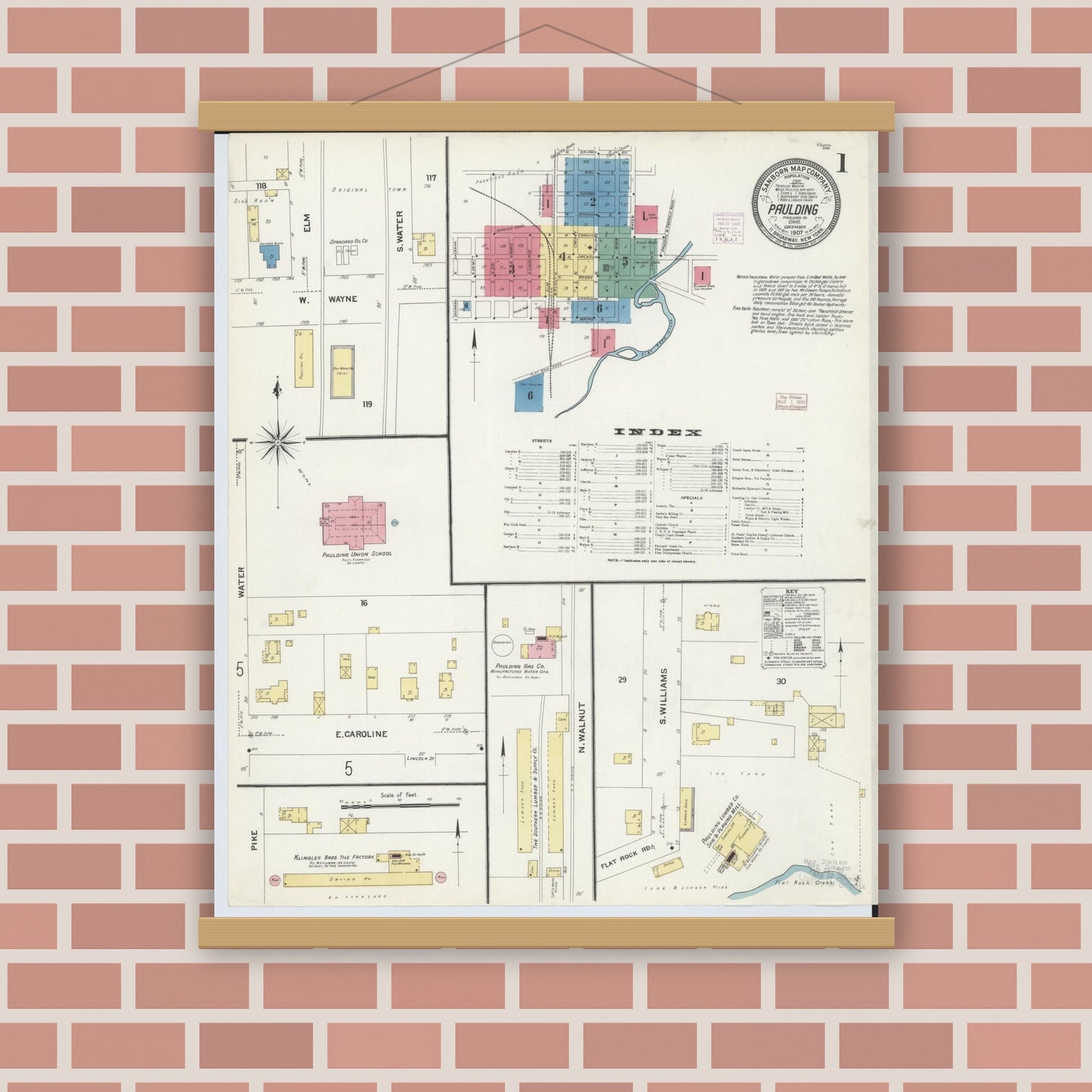 Old map wall art mockup — magnetic wood frame on brick wall — Sanborn Fire Insurance Map from Paulding, Paulding County, Ohio (1907) - Complete Map Set