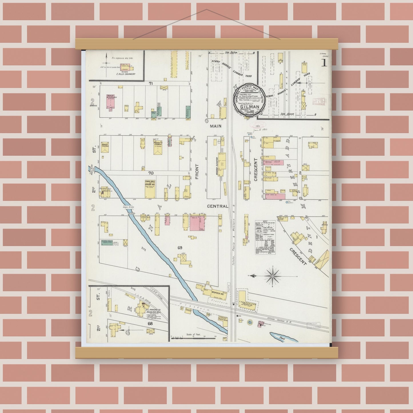Old map wall art mockup — magnetic wood frame on brick wall — Sanborn Fire Insurance Map from Gilman, Iroquois County, Illinois (1892), Sheet #0001