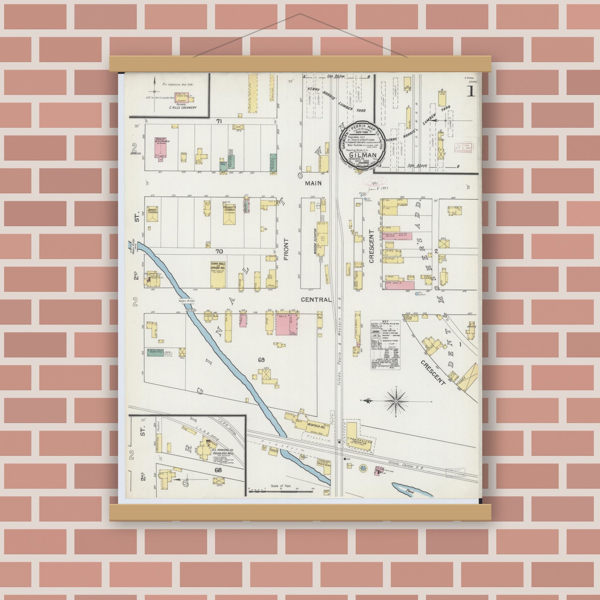 Old map wall art mockup — magnetic wood frame on brick wall — Sanborn Fire Insurance Map from Gilman, Iroquois County, Illinois (1892), Sheet #0001