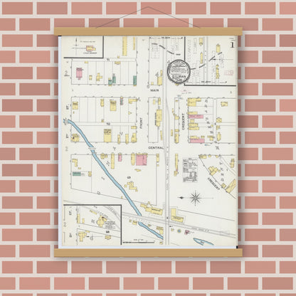 Old map wall art mockup — magnetic wood frame on brick wall — Sanborn Fire Insurance Map from Gilman, Iroquois County, Illinois (1892), Sheet #0001