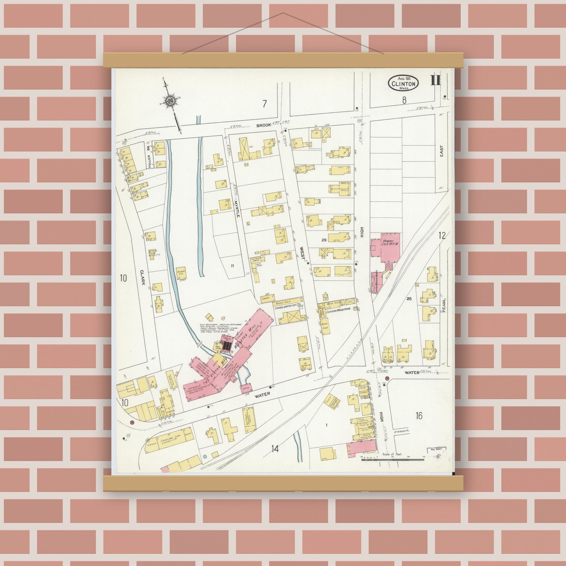 Old map wall art mockup — magnetic wood frame on brick wall — Sanborn Fire Insurance Map from Clinton, Worcester County, Massachusetts (1911), Sheet #0011
