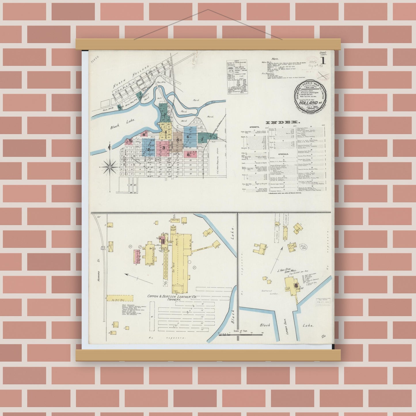 Old map wall art mockup — magnetic wood frame on brick wall — Sanborn Fire Insurance Map from Holland, Ottawa County, Michigan (1893) - Complete Map Set