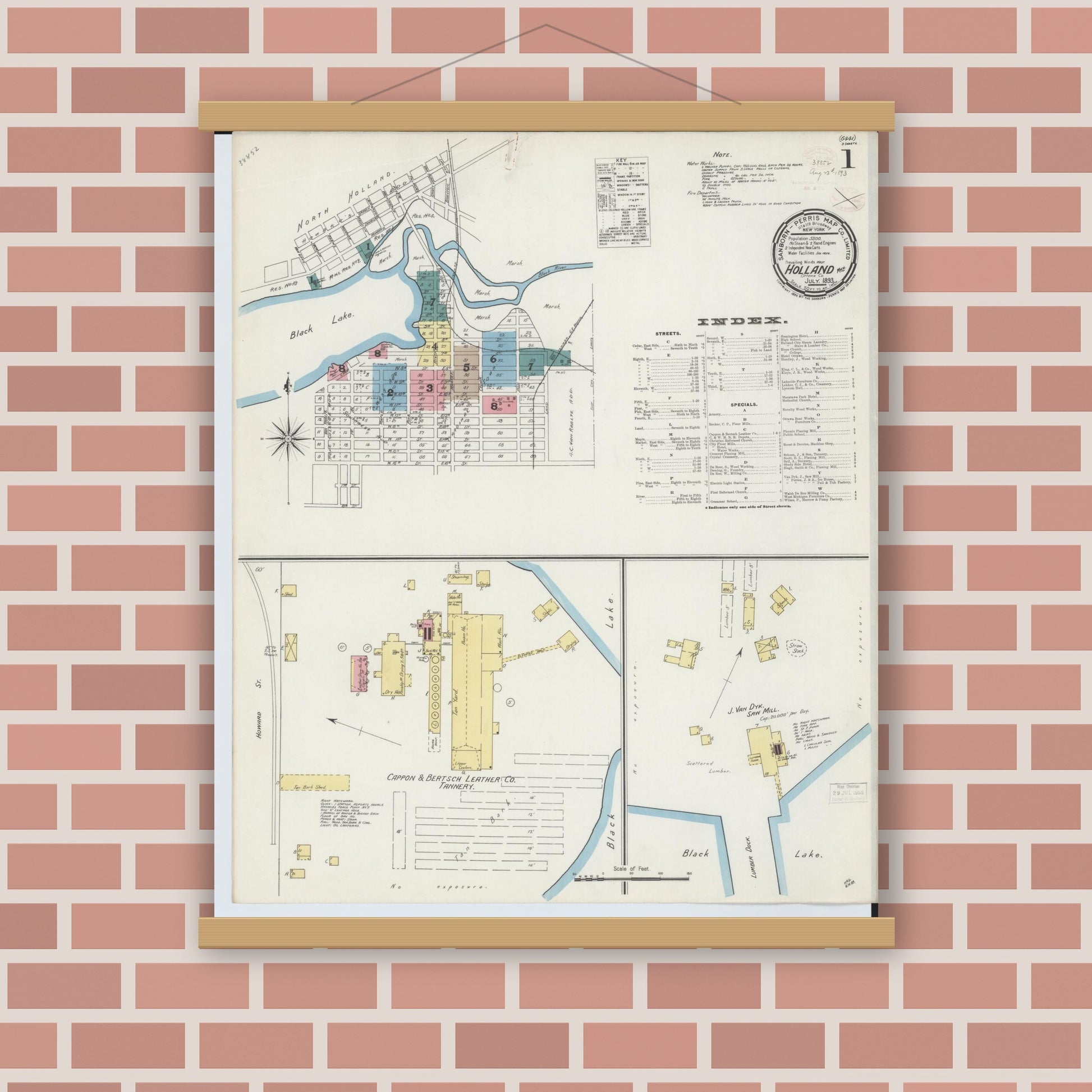 Old map wall art mockup — magnetic wood frame on brick wall — Sanborn Fire Insurance Map from Holland, Ottawa County, Michigan (1893) - Complete Map Set