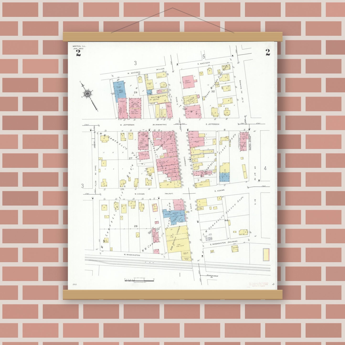 Old map wall art mockup — magnetic wood frame on brick wall — Sanborn Fire Insurance Map from Morton, Tazewell County, Illinois (1940), Sheet #0002