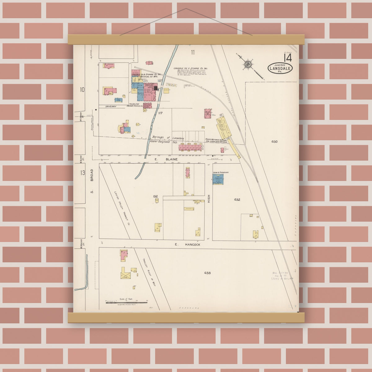 Old map wall art mockup — magnetic wood frame on brick wall — Sanborn Fire Insurance Map from Lansdale, Montgomery County, Pennsylvania (1922), Sheet #0014