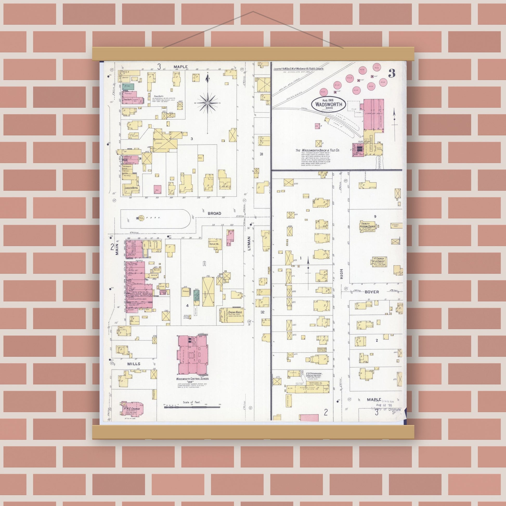 Old map wall art mockup — magnetic wood frame on brick wall — Sanborn Fire Insurance Map from Wadsworth, Medina County, Ohio (1908), Sheet #0003