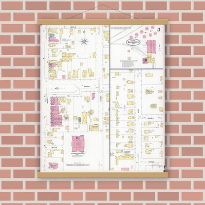 Old map wall art mockup — magnetic wood frame on brick wall — Sanborn Fire Insurance Map from Wadsworth, Medina County, Ohio (1908), Sheet #0003