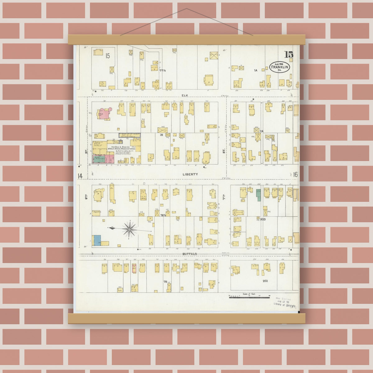 Old map wall art mockup — magnetic wood frame on brick wall — Sanborn Fire Insurance Map from Franklin, Venango County, Pennsylvania (1906), Sheet #0015