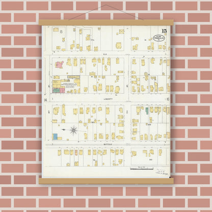 Old map wall art mockup — magnetic wood frame on brick wall — Sanborn Fire Insurance Map from Franklin, Venango County, Pennsylvania (1906), Sheet #0015