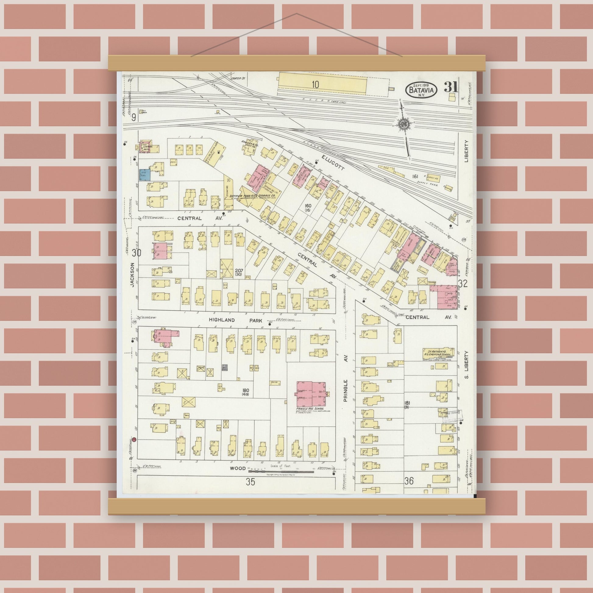 Old map wall art mockup — magnetic wood frame on brick wall — Sanborn Fire Insurance Map from Batavia, Genesee County, New York (1919), Sheet #0031