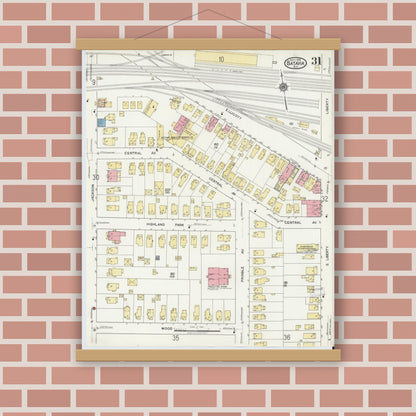 Old map wall art mockup — magnetic wood frame on brick wall — Sanborn Fire Insurance Map from Batavia, Genesee County, New York (1919), Sheet #0031