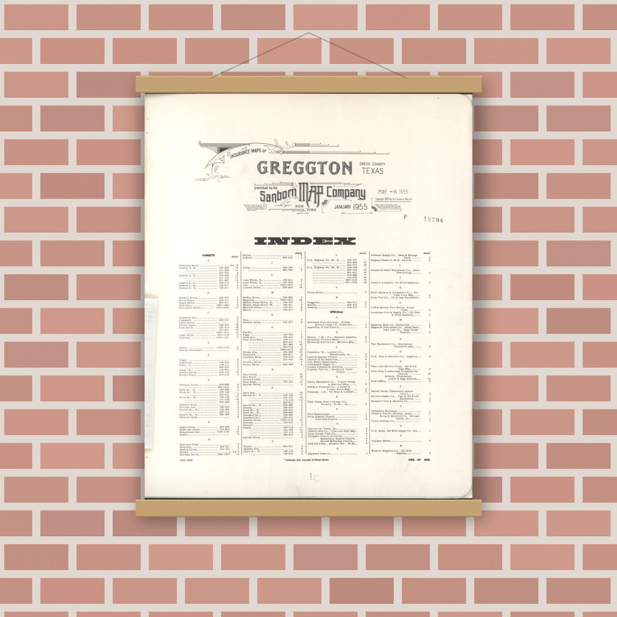 Old map wall art mockup — magnetic wood frame on brick wall — Sanborn Fire Insurance Map from Greggton, Gregg County, Texas (1955), Sheet #0001
