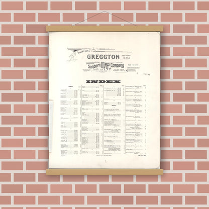 Old map wall art mockup — magnetic wood frame on brick wall — Sanborn Fire Insurance Map from Greggton, Gregg County, Texas (1955), Sheet #0001