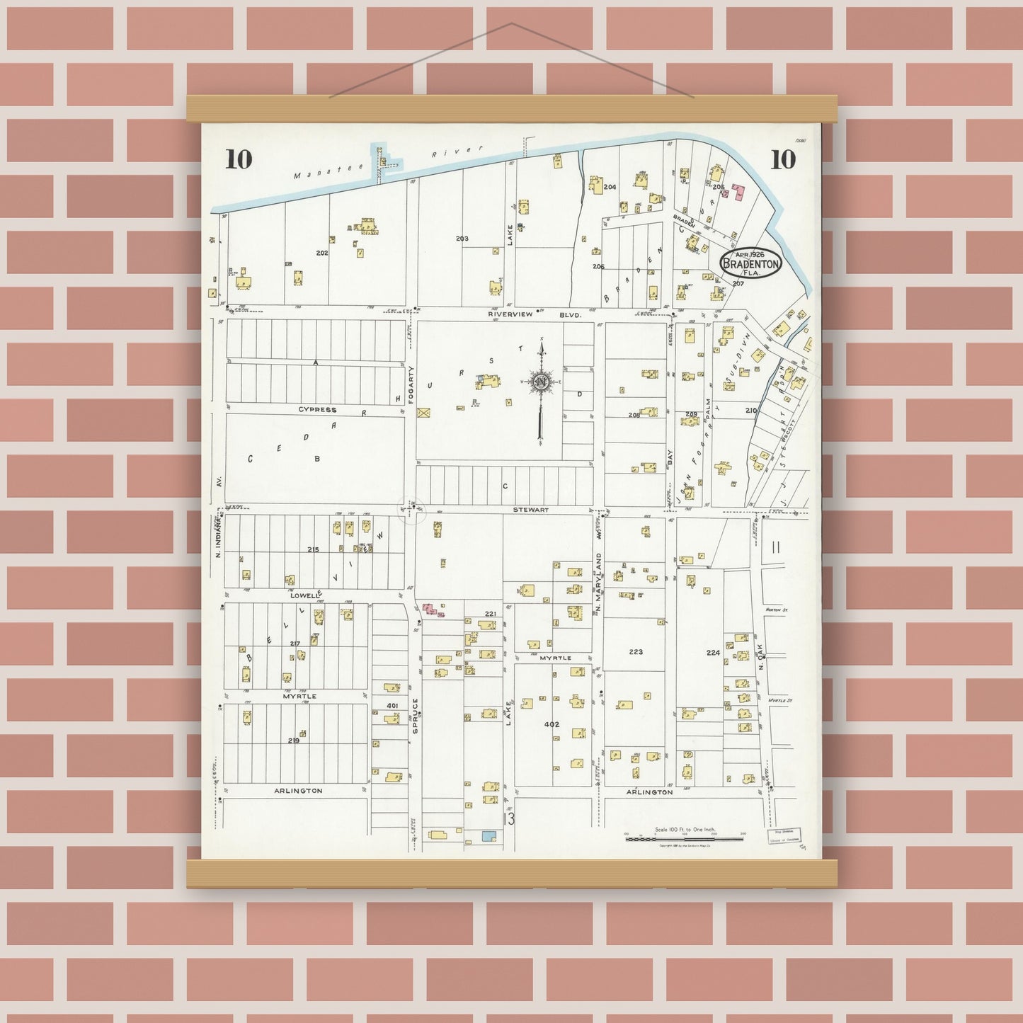 Old map wall art mockup — magnetic wood frame on brick wall — Sanborn Fire Insurance Map from Bradentown, Manatee County, Florida (1926), Sheet #0010