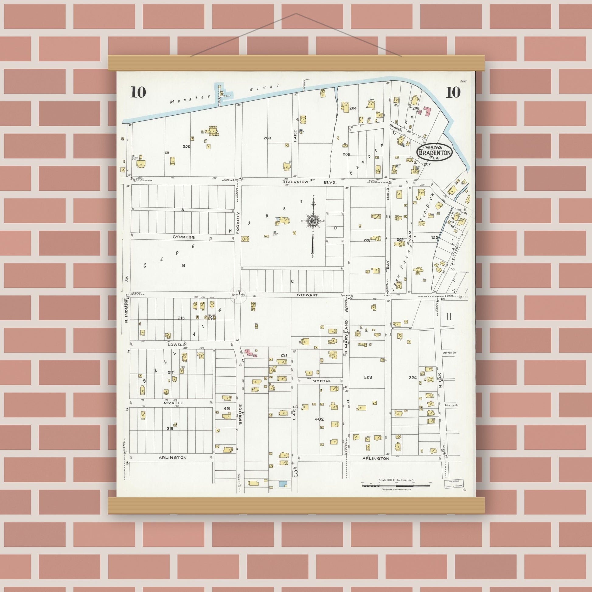 Old map wall art mockup — magnetic wood frame on brick wall — Sanborn Fire Insurance Map from Bradentown, Manatee County, Florida (1926), Sheet #0010