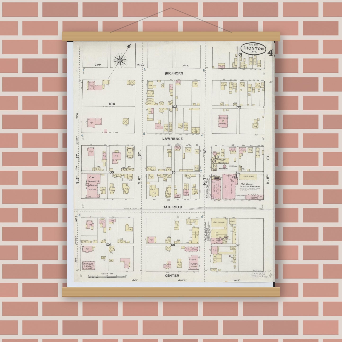 Old map wall art mockup — magnetic wood frame on brick wall — Sanborn Fire Insurance Map from Ironton, Lawrence County, Ohio (1889), Sheet #0004