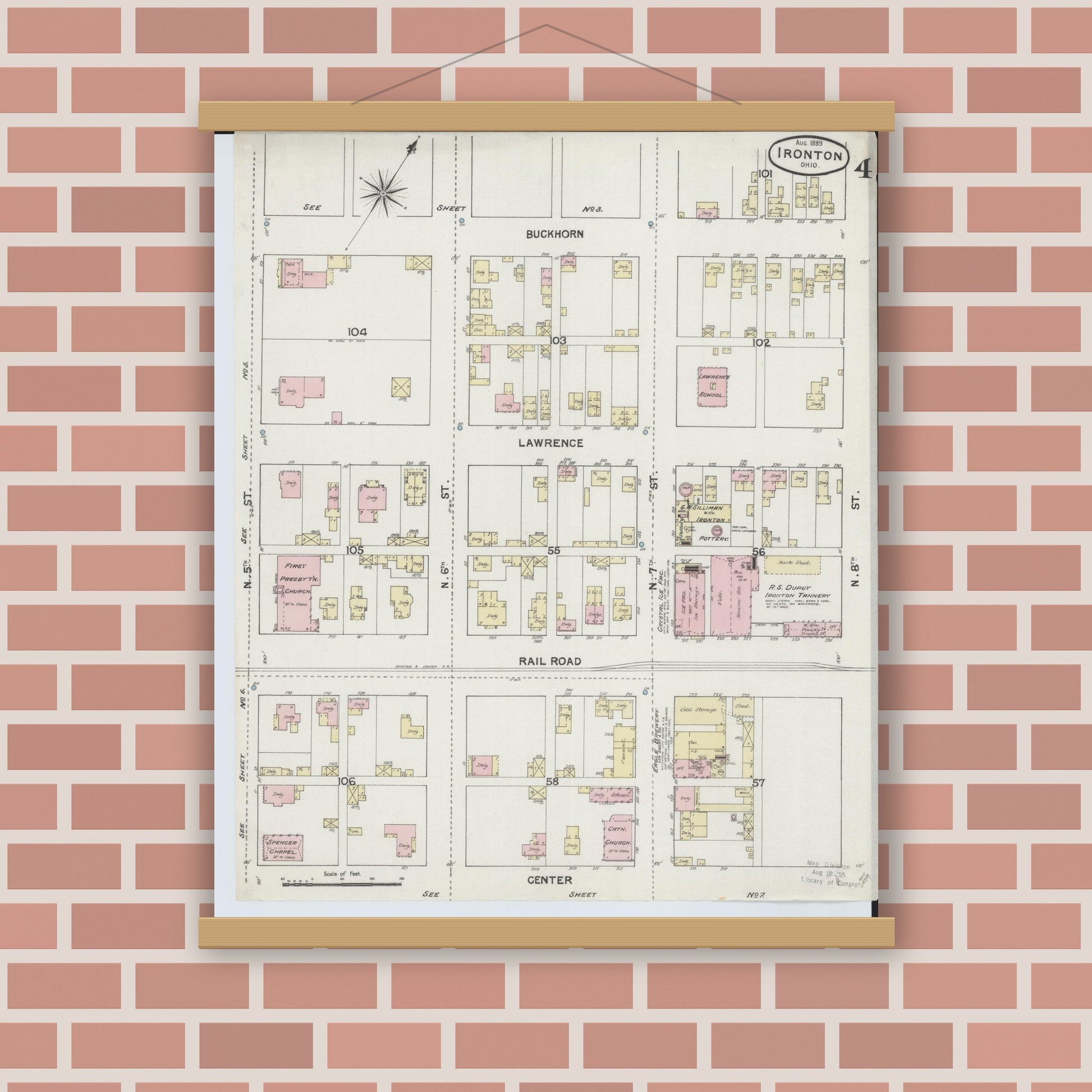 Old map wall art mockup — magnetic wood frame on brick wall — Sanborn Fire Insurance Map from Ironton, Lawrence County, Ohio (1889), Sheet #0004