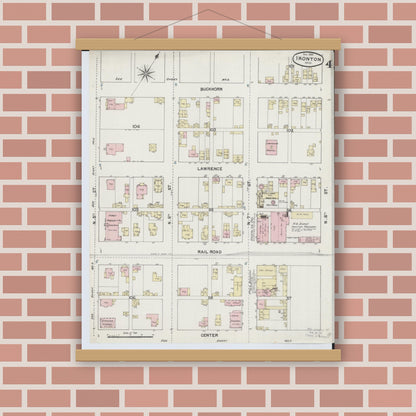 Old map wall art mockup — magnetic wood frame on brick wall — Sanborn Fire Insurance Map from Ironton, Lawrence County, Ohio (1889), Sheet #0004