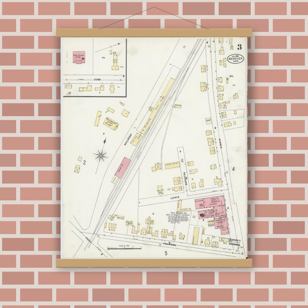 Old map wall art mockup — magnetic wood frame on brick wall — Sanborn Fire Insurance Map from Andover, Essex County, Massachusetts (1906), Sheet #0003
