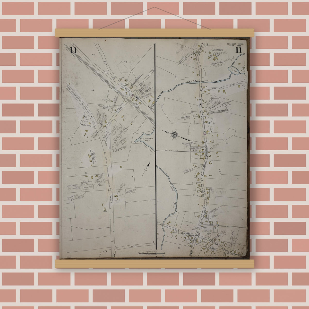 Old map wall art mockup — magnetic wood frame on brick wall — Sanborn Fire Insurance Map from Cohasset, Norfolk County, Massachusetts (1952), Sheet #0011