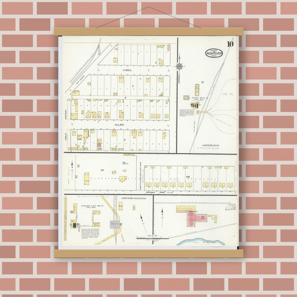 Old map wall art mockup — magnetic wood frame on brick wall — Sanborn Fire Insurance Map from Iron River, Iron County, Michigan (1917), Sheet #0010