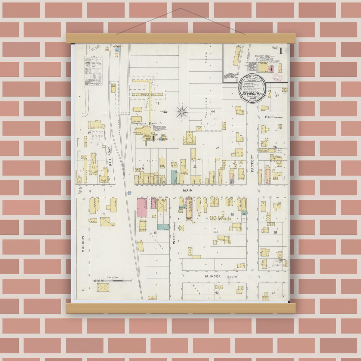Old map wall art mockup — magnetic wood frame on brick wall — Sanborn Fire Insurance Map from Seymour, Outagamie County, Wisconsin (1894) - Complete Map Set