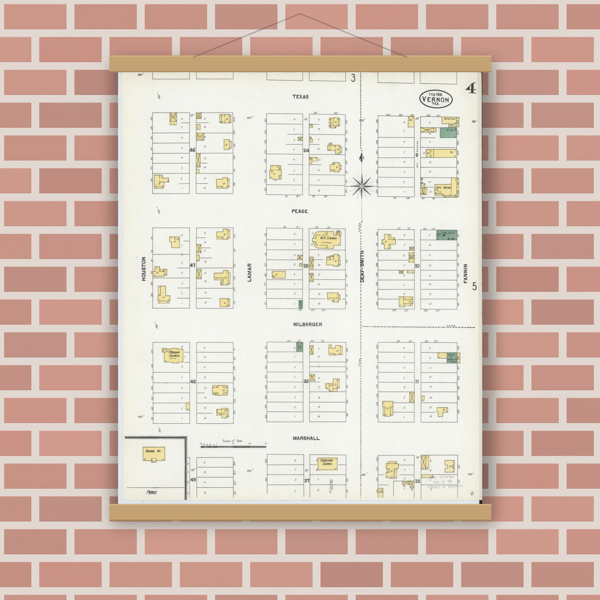 Old map wall art mockup — magnetic wood frame on brick wall — Sanborn Fire Insurance Map from Vernon, Wilbarger County, Texas (1902), Sheet #0004
