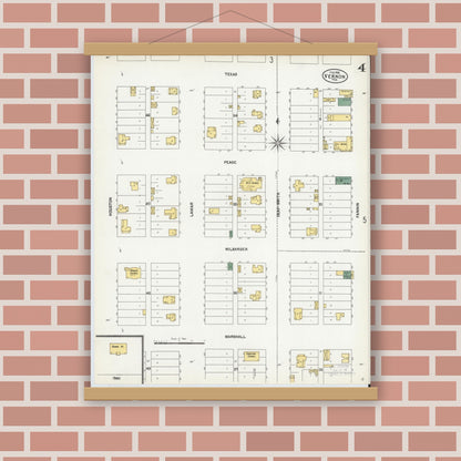 Old map wall art mockup — magnetic wood frame on brick wall — Sanborn Fire Insurance Map from Vernon, Wilbarger County, Texas (1902), Sheet #0004