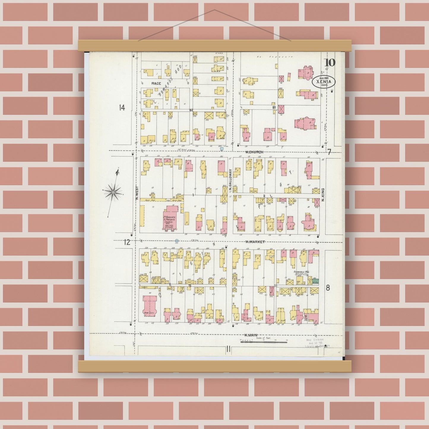Old map wall art mockup — magnetic wood frame on brick wall — Sanborn Fire Insurance Map from Xenia, Greene County, Ohio (1901), Sheet #0010