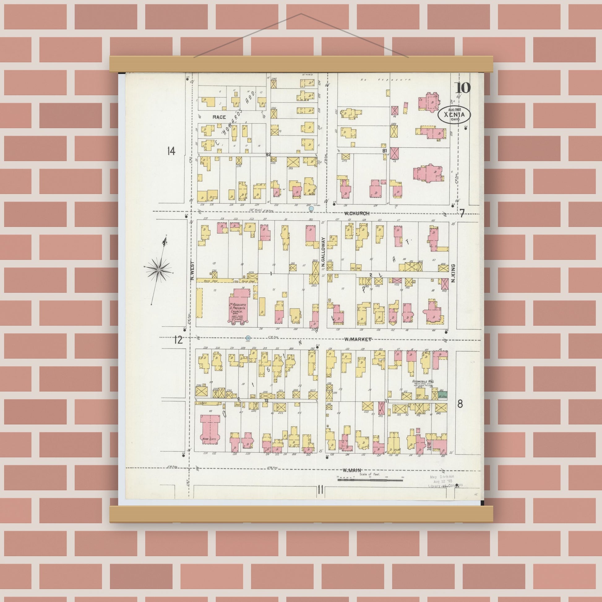Old map wall art mockup — magnetic wood frame on brick wall — Sanborn Fire Insurance Map from Xenia, Greene County, Ohio (1901), Sheet #0010