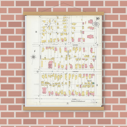Old map wall art mockup — magnetic wood frame on brick wall — Sanborn Fire Insurance Map from Xenia, Greene County, Ohio (1901), Sheet #0010