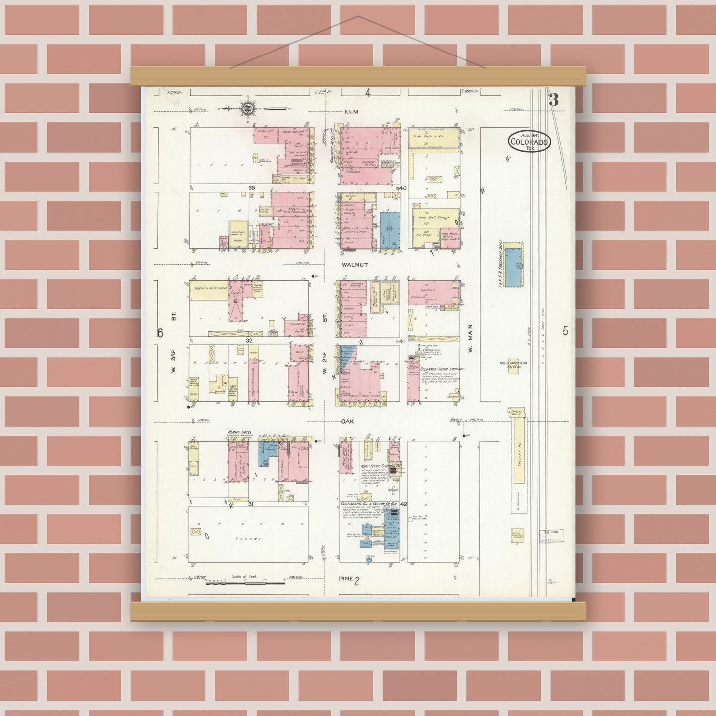 Old map wall art mockup — magnetic wood frame on brick wall — Sanborn Fire Insurance Map from Colorado, Mitchell County, Texas (1914), Sheet #0003