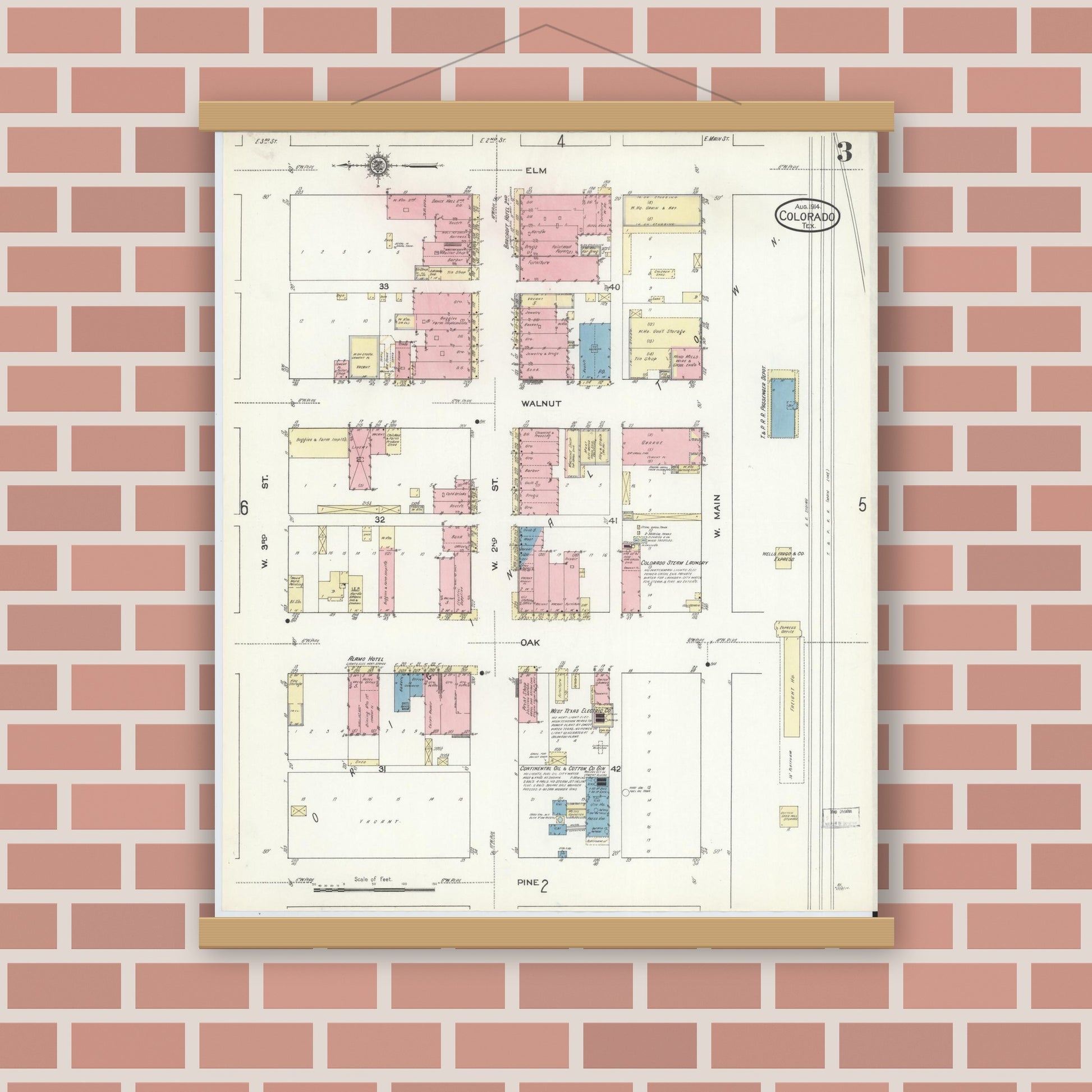 Old map wall art mockup — magnetic wood frame on brick wall — Sanborn Fire Insurance Map from Colorado, Mitchell County, Texas (1914), Sheet #0003