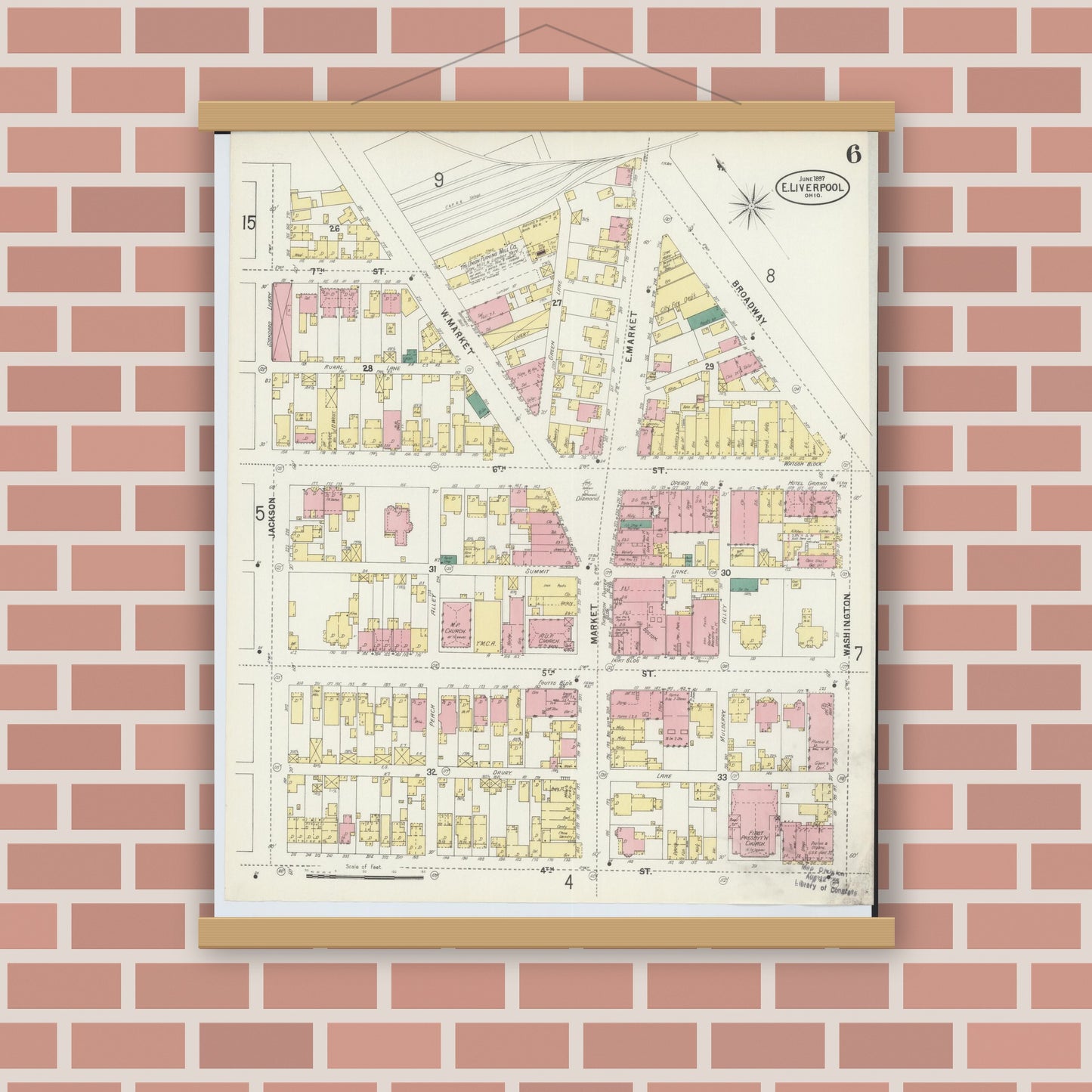 Old map wall art mockup — magnetic wood frame on brick wall — Sanborn Fire Insurance Map from East Liverpool, Columbiana County, Ohio (1897), Sheet #0006