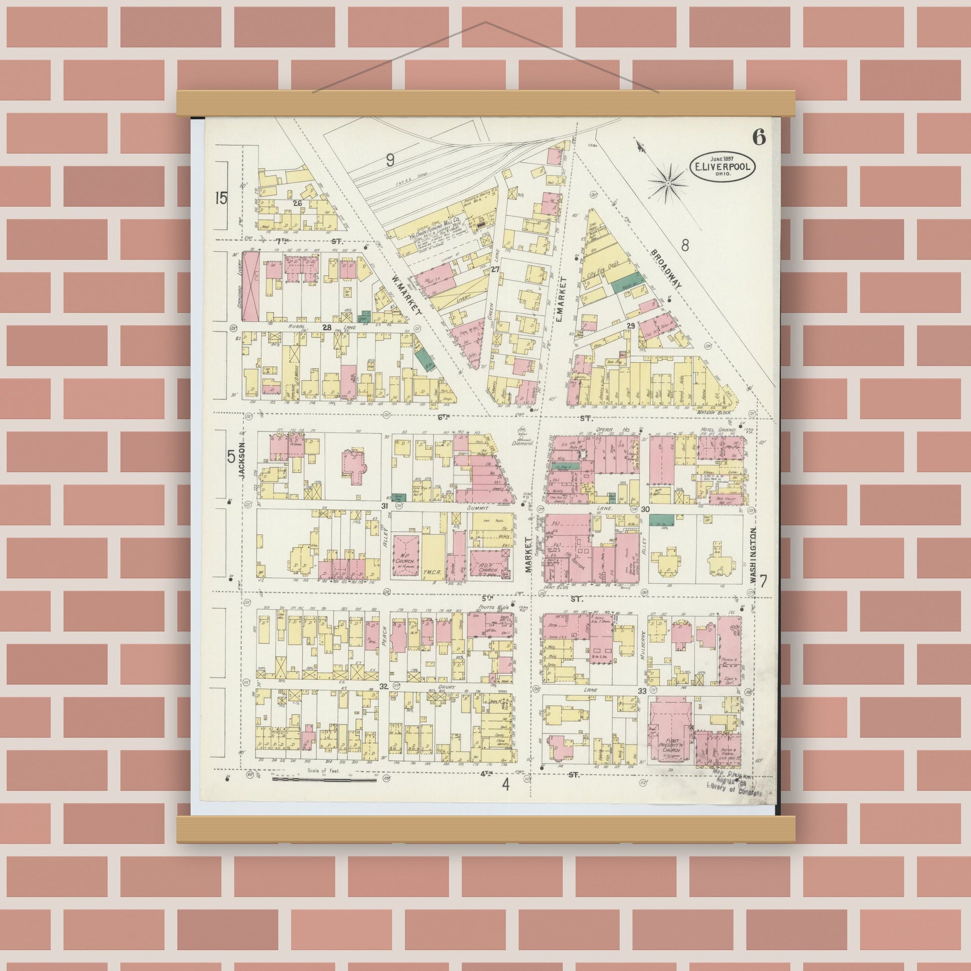 Old map wall art mockup — magnetic wood frame on brick wall — Sanborn Fire Insurance Map from East Liverpool, Columbiana County, Ohio (1897), Sheet #0006