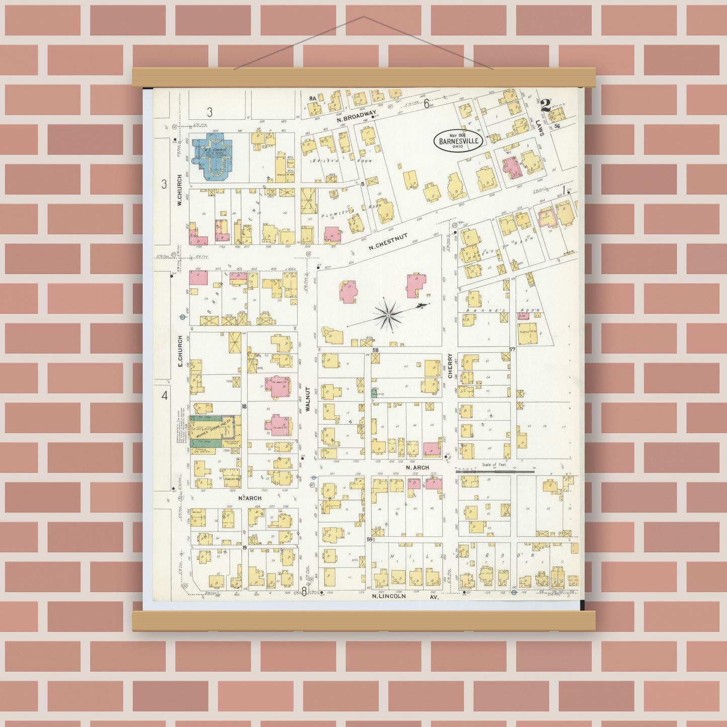 Old map wall art mockup — magnetic wood frame on brick wall — Sanborn Fire Insurance Map from Barnesville, Belmont County, Ohio (1908), Sheet #0002