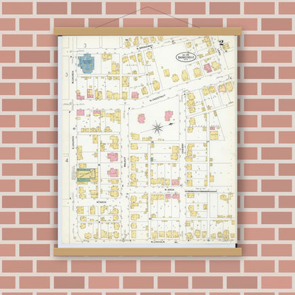 Old map wall art mockup — magnetic wood frame on brick wall — Sanborn Fire Insurance Map from Barnesville, Belmont County, Ohio (1908), Sheet #0002