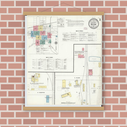 Old map wall art mockup — magnetic wood frame on brick wall — Sanborn Fire Insurance Map from Bryan, Williams County, Ohio (1911), Sheet #0001