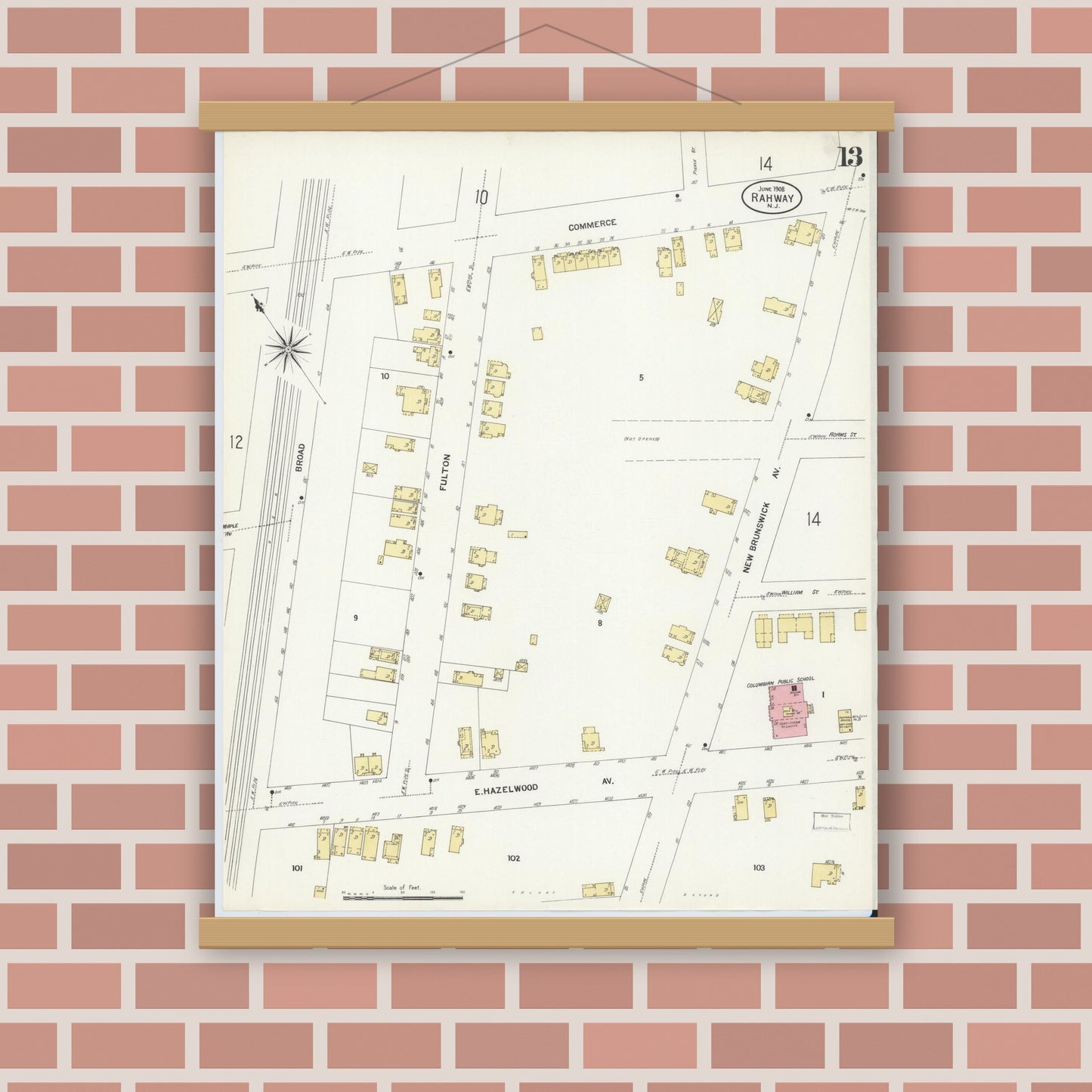 Old map wall art mockup — magnetic wood frame on brick wall — Sanborn Fire Insurance Map from Rahway, Union County, New Jersey (1908), Sheet #0013