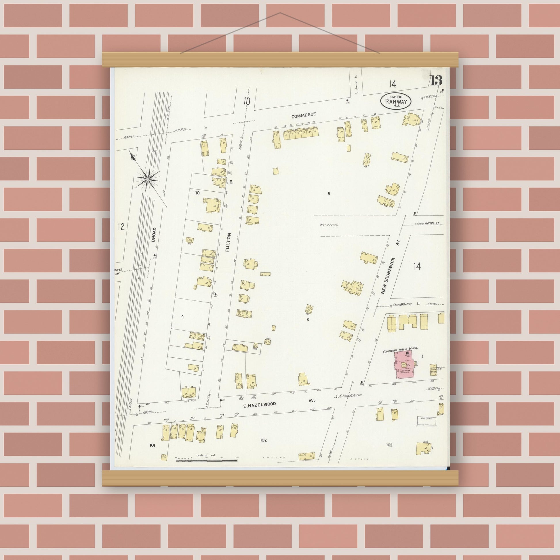 Old map wall art mockup — magnetic wood frame on brick wall — Sanborn Fire Insurance Map from Rahway, Union County, New Jersey (1908), Sheet #0013