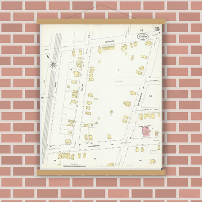 Old map wall art mockup — magnetic wood frame on brick wall — Sanborn Fire Insurance Map from Rahway, Union County, New Jersey (1908), Sheet #0013